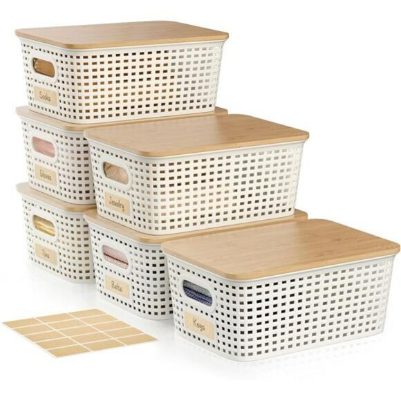 Plastic Storage Bins with Bamboo Lids 6 Pack Stackable Closet Organizer White - Picture 1 of 8